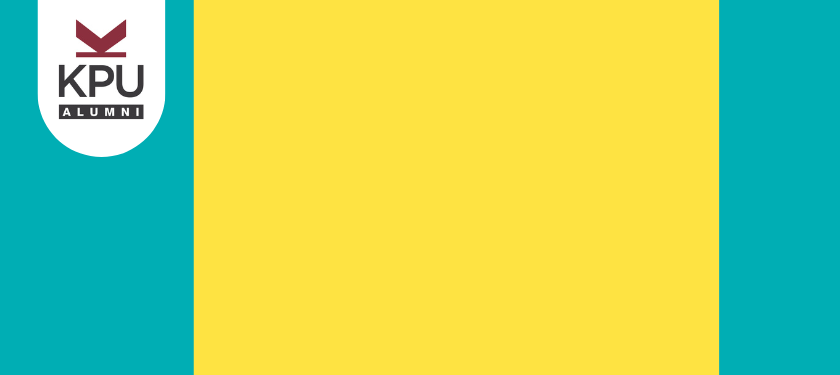 Newsblock background in teal and yellow K-P-U Alumni brand colours